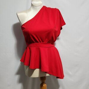 Malabay Red Asymmetrical Peplum Top with Half-Sleeve  - Size 8